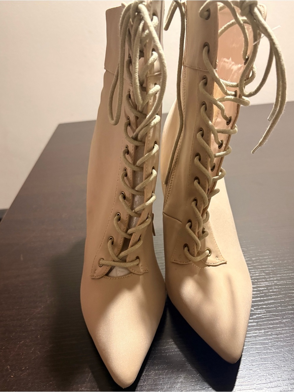 Lace-Up Pointed-Toe Ankle Boots in Beige